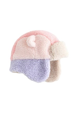 Textured fleece hat in pink, lavender, and cream colors; features ear flaps, rounded shape, and a small tuft on top.