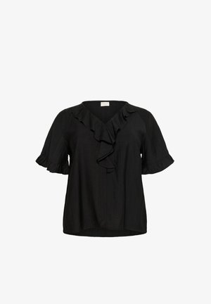 Blouse noire avec un décolleté en V et un détail froncé à l'avant. Équipée de manches courtes avec des poignets évasés. Fabriquée en tissu léger et texturé.