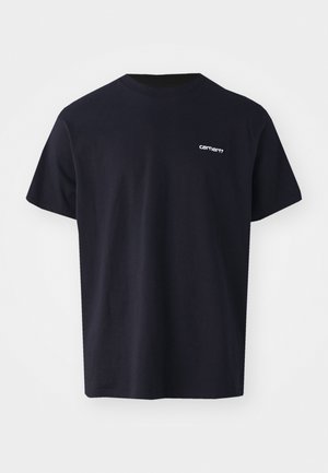 Black cotton t-shirt with short sleeves, crew neck, and a subtle white logo on the left chest area. Smooth texture, standard fit.