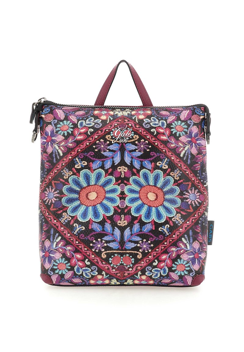 Borsa a mano con stampa floreale e ricami multicolori, sfondo nero, dettagli bordeaux, manico superiore e chiusura con zip.