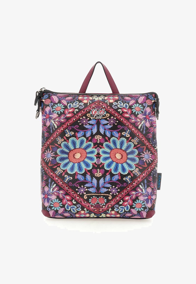Borsa a mano con stampa floreale e ricami multicolori, sfondo nero, dettagli bordeaux, manico superiore e chiusura con zip.
