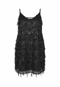 Musta paljetein koristeltu mekko, jossa on väljä leikkaus, timanttimainen kuvio, tupsutekoja ja ohuet olkaimet. Silkkinen kangas ja koristeelliset yksityiskohdat.