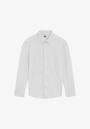 Camicia bianca a maniche lunghe con bottoni e colletto, realizzata in tessuto liscio, con un logo discreto sul petto a sinistra e polsini standard.