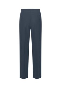 Dark navy trousers with a straight leg design. Made from smooth fabric, featuring subtle front pleats and a tailored waistband.