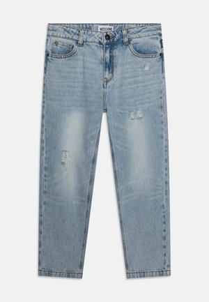 Svetlo modré denimové nohavice so voľným strihom, s oderanými miestami, dizajnom s piatimi vreckami a štítkom Moschino na pásku.