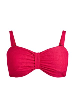 Punane bändbikini ülaosa peene lillemustrilise õõnesmustri ja reguleeritavate õlapaeltega, keskel kroogitud detail.