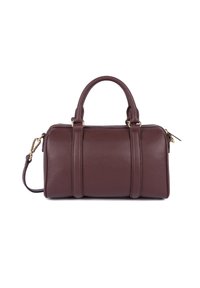 Borsa a mano in pelle marrone con forma arrotondata, dotata di due manici superiori, hardware in tonalità oro, zip esterna e superficie testurizzata.