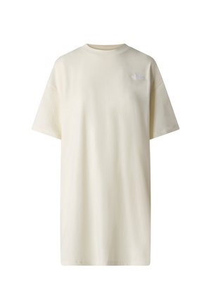 Korte mouw, T-shirt met ronde hals in lichtbeige stof. Voorzien van een klein wit logo op het linkerborstgebied. Basis, relaxte pasvorm.