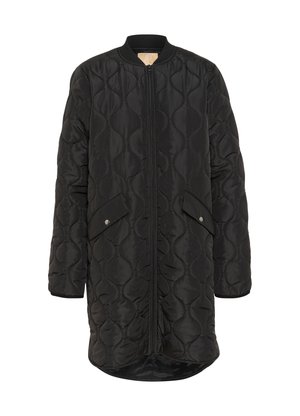 Black quilted jacket featuring a zip-front closure, ribbed cuffs, and two front pockets with snap buttons. Smooth texture with a slightly glossy finish.