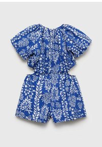 Blå bomullsromper med vitt blommönster, korta puffärmar, elastisk midja och en avslappnad passform genom bodyn och shortsen.