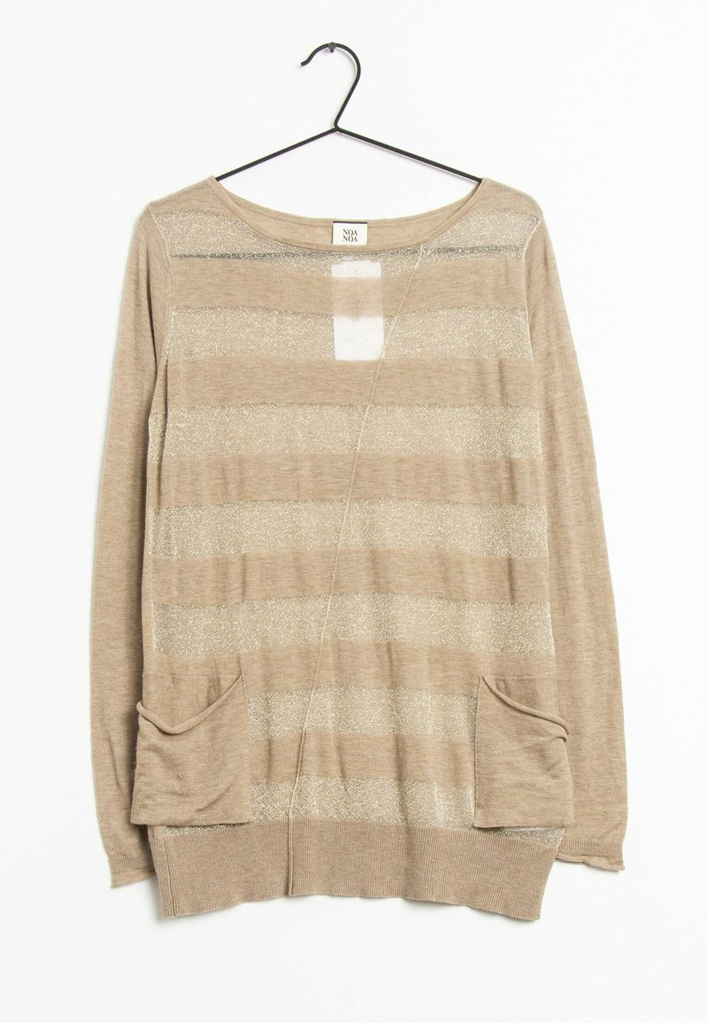 Beige sweater with horizontal silver glitter stripes. Features a scoop neckline, long sleeves, and two front pockets. Soft knit texture.