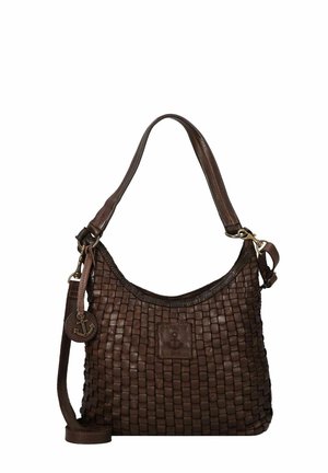 Sac à épaule en cuir tissé de couleur marron foncé avec une sangle réglable, étiquette en forme d'ancre et patch carré avec un design d'ancre à l'avant.