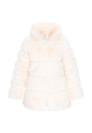 Doudoune blanche en fausse fourrure avec un col haut, des coutures horizontales et un bas légèrement évasé. Texture douce, design avec capuche.