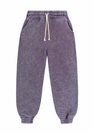 Fioletowe marmurkowe spodnie dresowe z elastycznym pasem, białym sznurkiem, bocznymi kieszeniami i elastycznymi mankietami.
