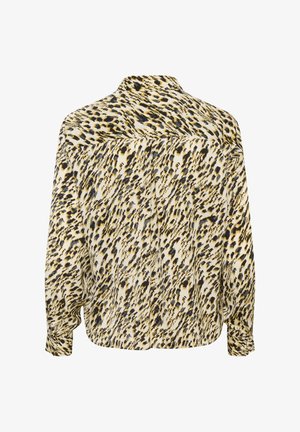 Långärmad skjorta med ett djärvt svart, brunt och gult djurmönster på en ljus bakgrund; krage och knappradering fram.