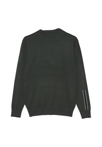Maglione lavorato a maglia verde scuro con scollo rotondo, maniche lunghe e un dettaglio laterale che presenta due strisce grigie verticali.