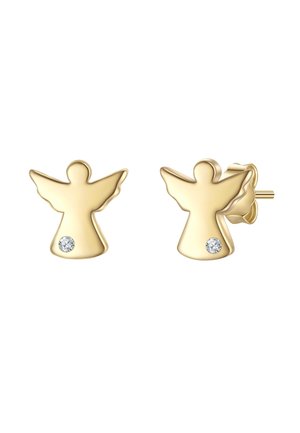 Gold angel-shaped stud earrings with a small diamond accent, featuring smooth texture and curved wings, suitable for various occasions.