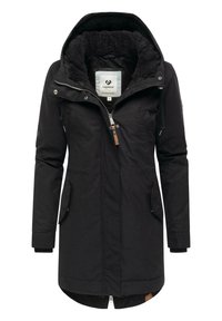 Black parka with a textured, fur-lined hood and two front pockets. Features a zipper closure and fabric drawstrings.