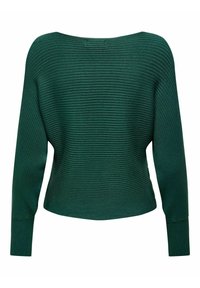 Pull en tricot côtelé vert avec un col large, des manches longues et un bas ajusté. La texture est lisse avec un détail de côtes horizontales.