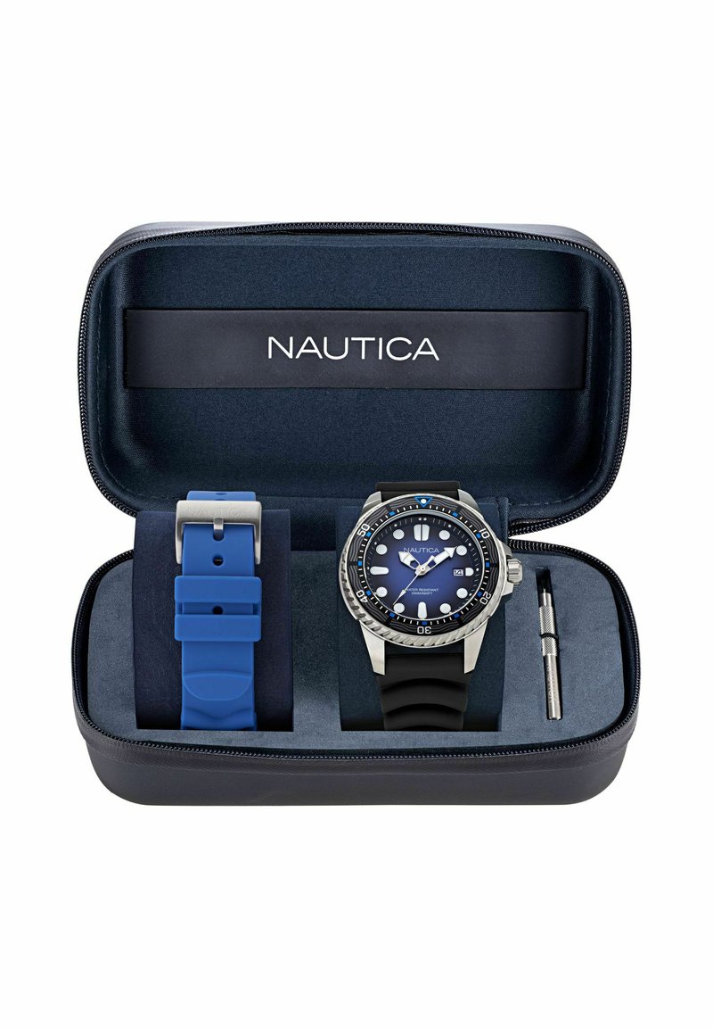 Montre Nautica Homme Chronographe - Cadran Bleu 44mm, Bracelet Cuir Noir - Neuf Sans étiquette