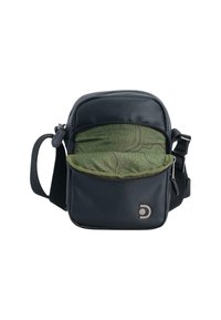 Schwarze synthetische Umhängetasche mit grünem gemustertem Innenfutter, mit Reißverschluss ausgestattetem Hauptfach, verstellbarem Tragegurt und Logodetails auf der Vorderseite.