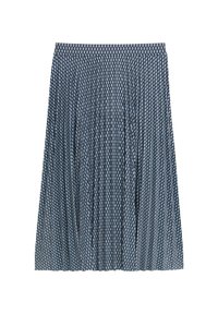 Faltenrock aus einem Stoff mit marineblauem Hintergrund, der ein geometrisches Muster in Weiß und Hellblau aufweist. Elastischer Bund für einen bequemen Sitz.