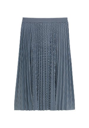 Faltenrock aus einem Stoff mit marineblauem Hintergrund, der ein geometrisches Muster in Weiß und Hellblau aufweist. Elastischer Bund für einen bequemen Sitz.