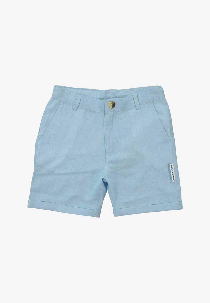 Vaaleansiniset pellavashortsit, joissa on napitus, kaksi etutaskua ja käännetyt lahkeet. Sivulla näkyvällä brändinimellä varustettu etiketti.