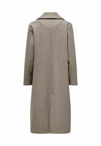 Manteau long en laine beige avec un col cranté, coupe droite et manches longues. Dispose de deux poches latérales et d'une fente au dos.