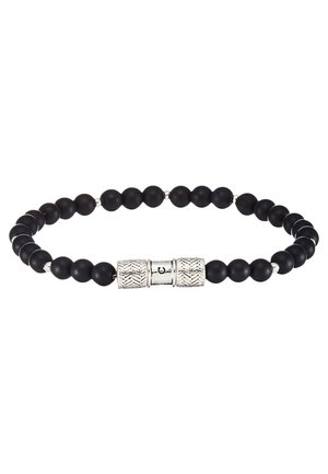 Pulsera de cuentas negras que presenta cuentas esféricas mate negras intercaladas con acentos metálicos plateados con un patrón texturizado.