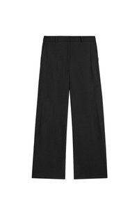 Wide-leg black trousers with a smooth texture, featuring a flat front, belt loops, and no visible pockets or embellishments.