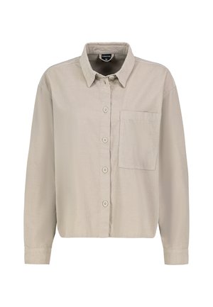 Hellbeige Hemd mit Knopfleiste aus weichem Stoff, das eine Einzelbrusttasche, lange Ärmel und ein klassisches Kragen Design aufweist.