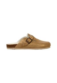 Gouden glitterslippers met een zachte witte voering, bruin hardware gespdetail en een ronde neusvorm. Glad suède-achtige textuur.