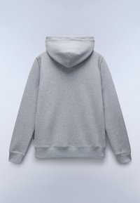 Felpa grigia con cappuccio, caratterizzata da una consistenza morbida, polsini a costine e orlo dritto. Il design presenta una tasca singola sul davanti.