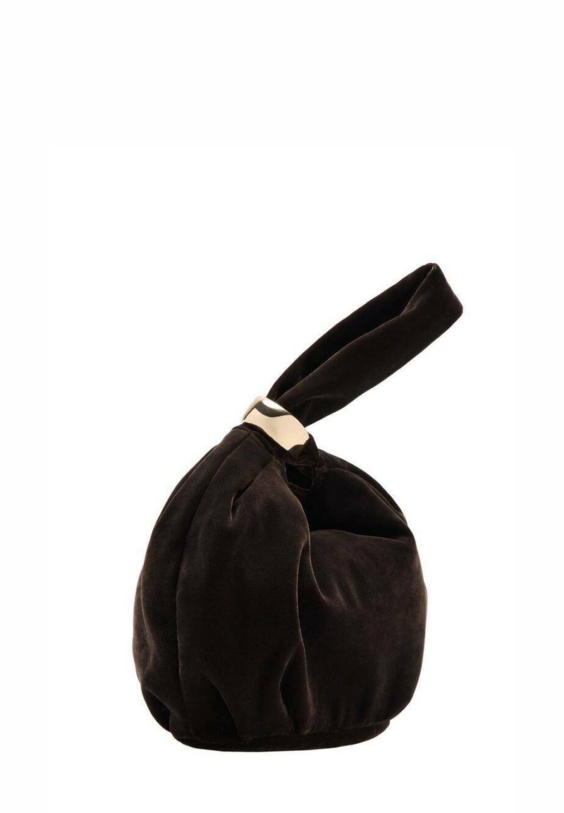 Borsa a tracolla in velluto nero con forma arrotondata e manico superiore annodato. Texture liscia e design minimalista senza accessori di metallo visibili.