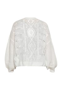 Weißer, gestrickter Pullover mit einem lockeren, verkürzten Design, das ein strukturiertes Muster und ausgearbeitete Details auf dem Rücken aufweist. Breite Ärmel und gerippter Saum.