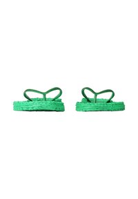 Green flip-flops with woven textured soles and shiny heart-shaped straps shown side by side on a white background.