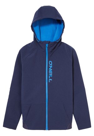 Chaqueta con capucha azul marino con forro interior azul brillante y cremallera. Cuenta con dos bolsillos frontales y un logo blanco en el lateral.