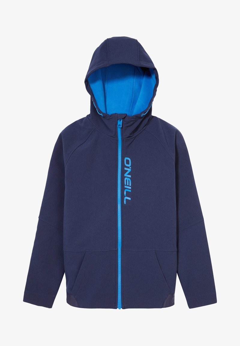 Veste à capuche bleu marine avec une doublure intérieure bleu vif et une fermeture éclair. Comprend deux poches avant et un logo blanc sur le côté.