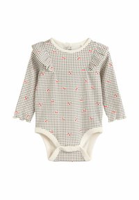 Ilgas rankovės kūdikių bodis kreminės spalvos su languotu raštu, puošniu mažais raudonais vyšnių motyvais ir raukiniais ant pečių. Minkšta medžiaga.