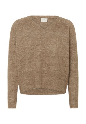 V-neck sweater in light brown knit fabric with a soft texture. Features long sleeves and a slightly cropped hem. Minimalist design.