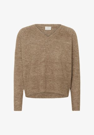 V-veida džemperis gaiši brūnā adījumā ar mīkstu tekstūru. Ar garām piedurknēm un nedaudz īsāku apakšmalu. Minimālisma dizains.