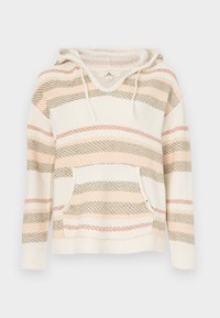 Pull à capuche rayé en crème, rose et olive, avec une poche frontale et un motif en maille texturé. Cordon de serrage à la capuche.