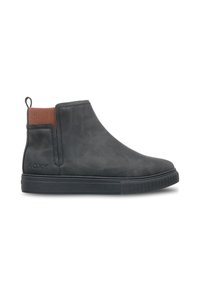 Botas negras hasta el tobillo con una parte superior sintética lisa, paneles laterales elásticos en óxido y una suela de goma texturizada con un patrón de agarre. Presente la marca Roxy.
