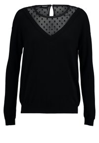 Pull noir à manches longues avec col en V, doté d'un panneau en maille transparente à pois au niveau du décolleté et d'une fermeture par bouton à l'arrière.
