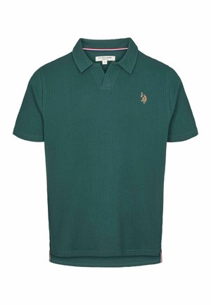 Donkergroen poloshirt met een ribbeltextuur, korte mouwen en een drie-knops sluiting. Voorzien van een geborduurd logo op de linkerborst.