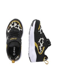 Sorte sneakers med leopardprint, guld accenter og velcro strop. Har en tekstureret tekstiloverdel og en hvid gummisål.