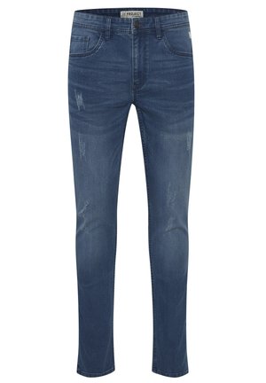 Dünne Jeans aus dunkelblauem Denim mit einem leicht verwaschenen Finish und zerstörten Details an der Vorderseite. Klassisches Fünf-Taschen-Design.