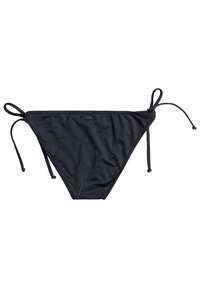 Juodas bikini dugnas su reguliuojamomis raišteliais abiejuose šonuose, pagamintas iš lygaus audinio, su paprastu trikampio dizainu ir minimalia ženklinimo.