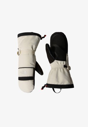 Weiße und schwarze isolierte Handschuhe mit verstellbaren Handgelenkriemen und dem Logo von The North Face auf einem Handschuh.